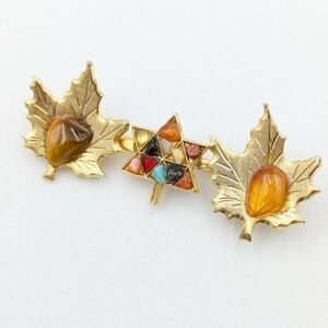 Vintage gold tone and stone 3 maple leaf brooch pin